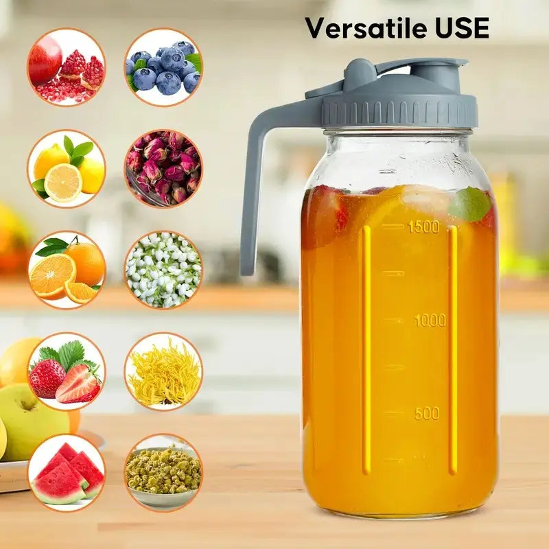 3PCS glass water kettle 64OZ, Mason jar water, lid spout, wide mouthed leak proof water kettle, cold water kettle, suitable for storing breast milk juice, water, milk, tea, iced coffee beverage set scale Tumbler with and Straws Fall Themed oak sip,su