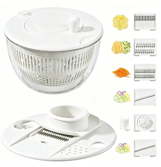 Salad Spinner Large, 3 IN 1 Vegetable and Fruit Washing Bowl with Strainer, Lettuce Spinner with 5 Blades Slicer, Egg Yolk Strainer, Salad Bowl for Efficient Salad Preparation, 5.3 Qt Kitchen Gadgets Set