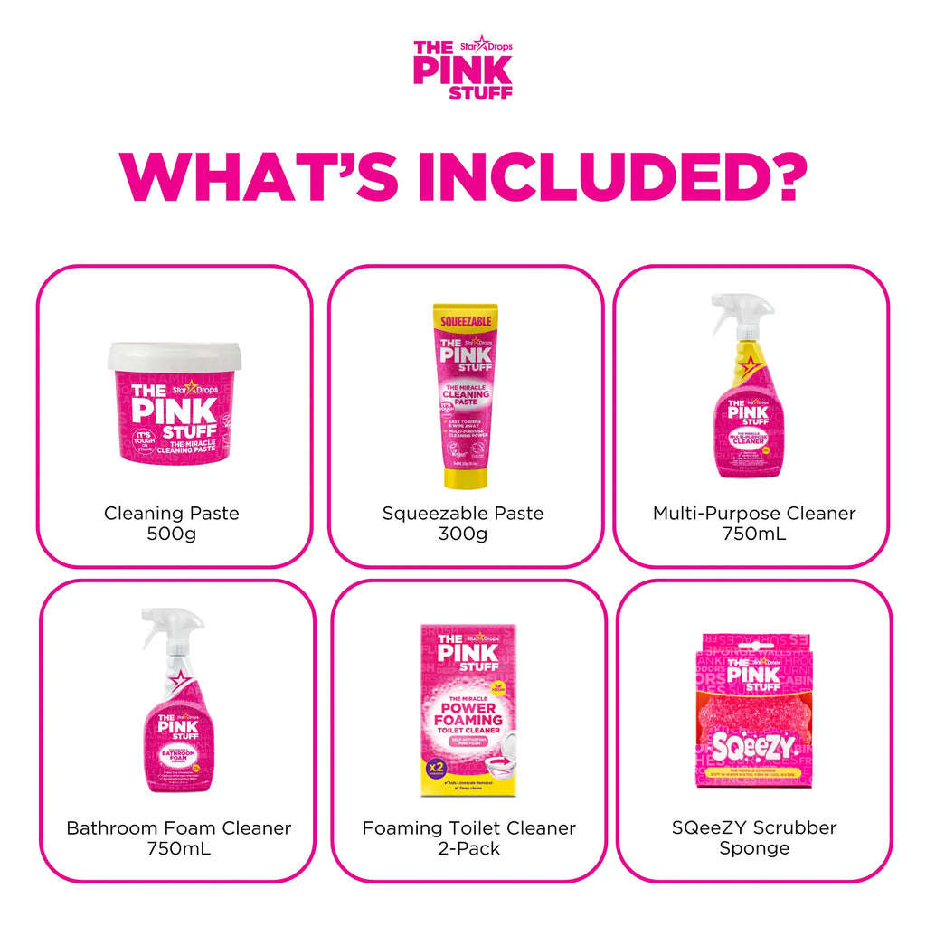 The Pink Stuff Total Home Essential Bundle - Cleaning Paste 500g, Squeezable Cleaning Paste 300g, Multi Purpose Spray 750ml, Bathroom Foam Spray 750ml, Foaming Toilet Powder 2 Pack, SQeeZY Sponge for Full Home Coverage