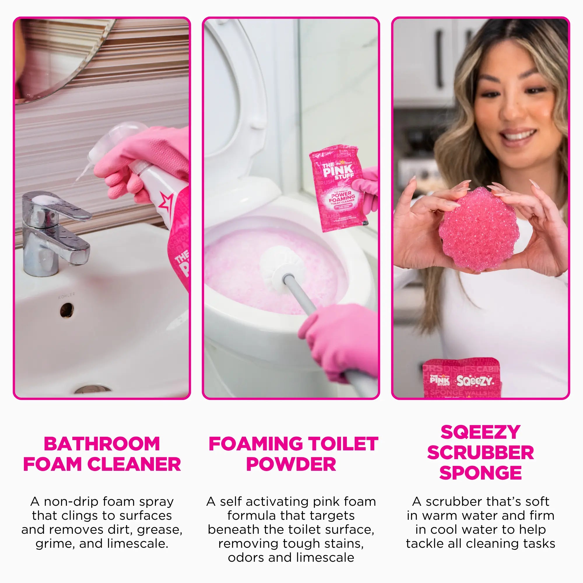 The Pink Stuff Total Home Essential Bundle - Cleaning Paste 500g, Squeezable Cleaning Paste 300g, Multi Purpose Spray 750ml, Bathroom Foam Spray 750ml, Foaming Toilet Powder 2 Pack, SQeeZY Sponge for Full Home Coverage