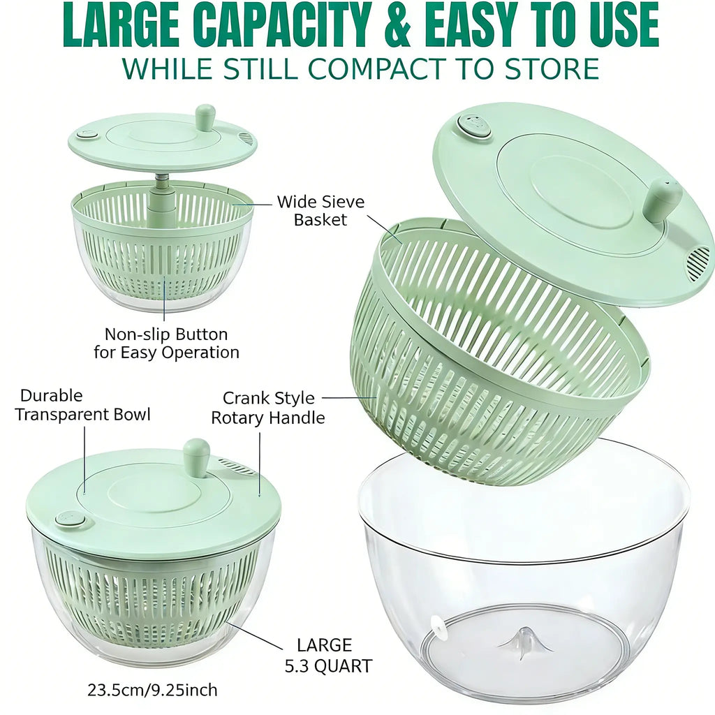 Salad Spinner Large, 3 IN 1 Vegetable and Fruit Washing Bowl with Strainer, Lettuce Spinner with 5 Blades Slicer, Egg Yolk Strainer, Salad Bowl for Efficient Salad Preparation, 5.3 Qt Kitchen Gadgets Set