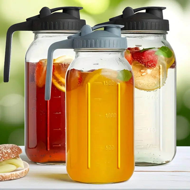 3PCS glass water kettle 64OZ, Mason jar water, lid spout, wide mouthed leak proof water kettle, cold water kettle, suitable for storing breast milk juice, water, milk, tea, iced coffee beverage set scale Tumbler with and Straws Fall Themed oak sip,su